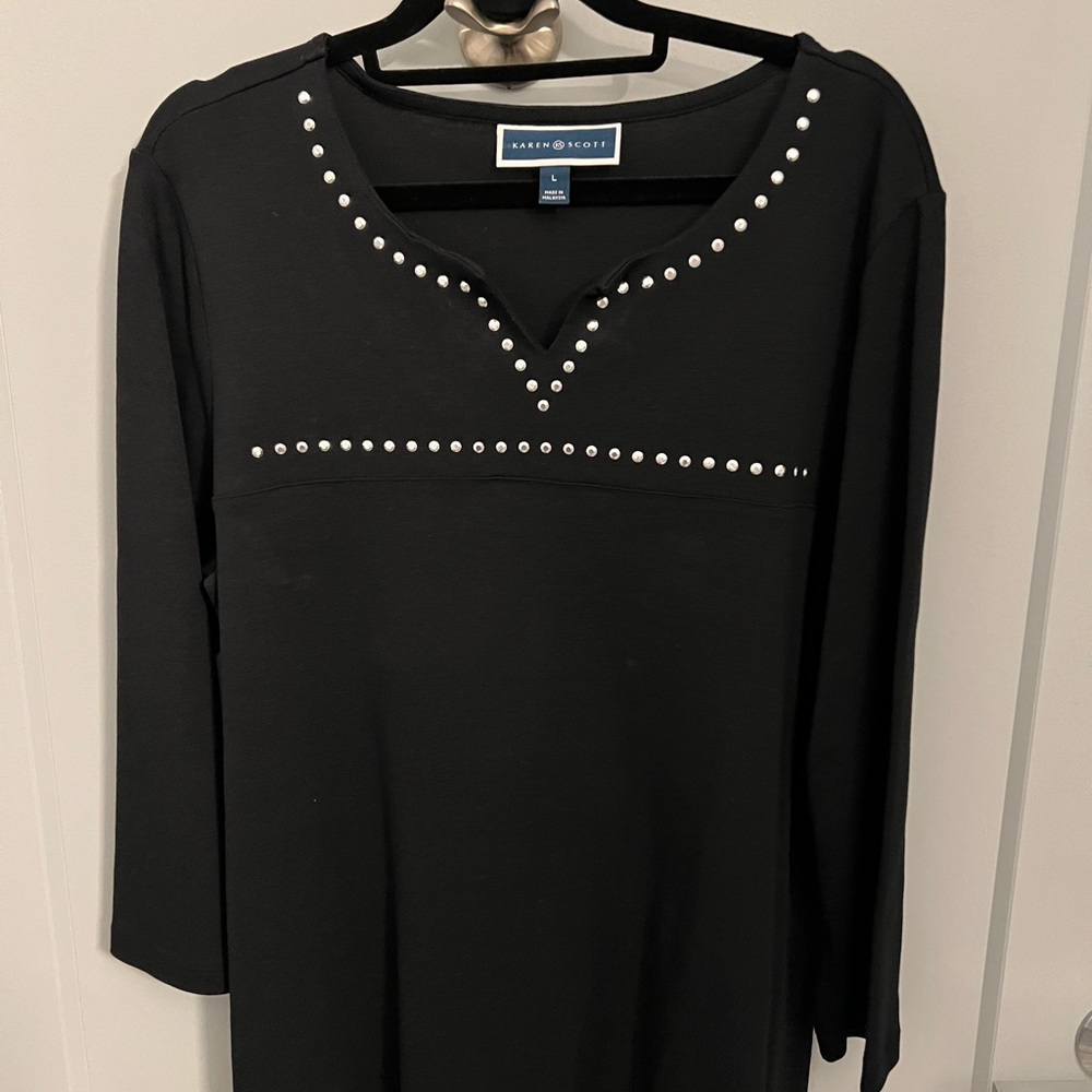 Karen Scott Black Long Sleeve Top with Stud Accents